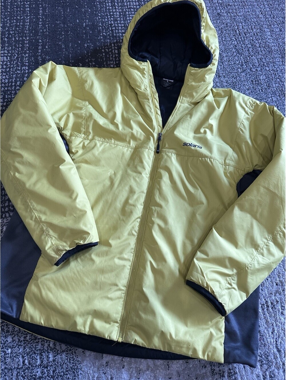 Solaris Men’s L Yellow/Black Full Zip Hooded Puffer Jacket Logo Hiking